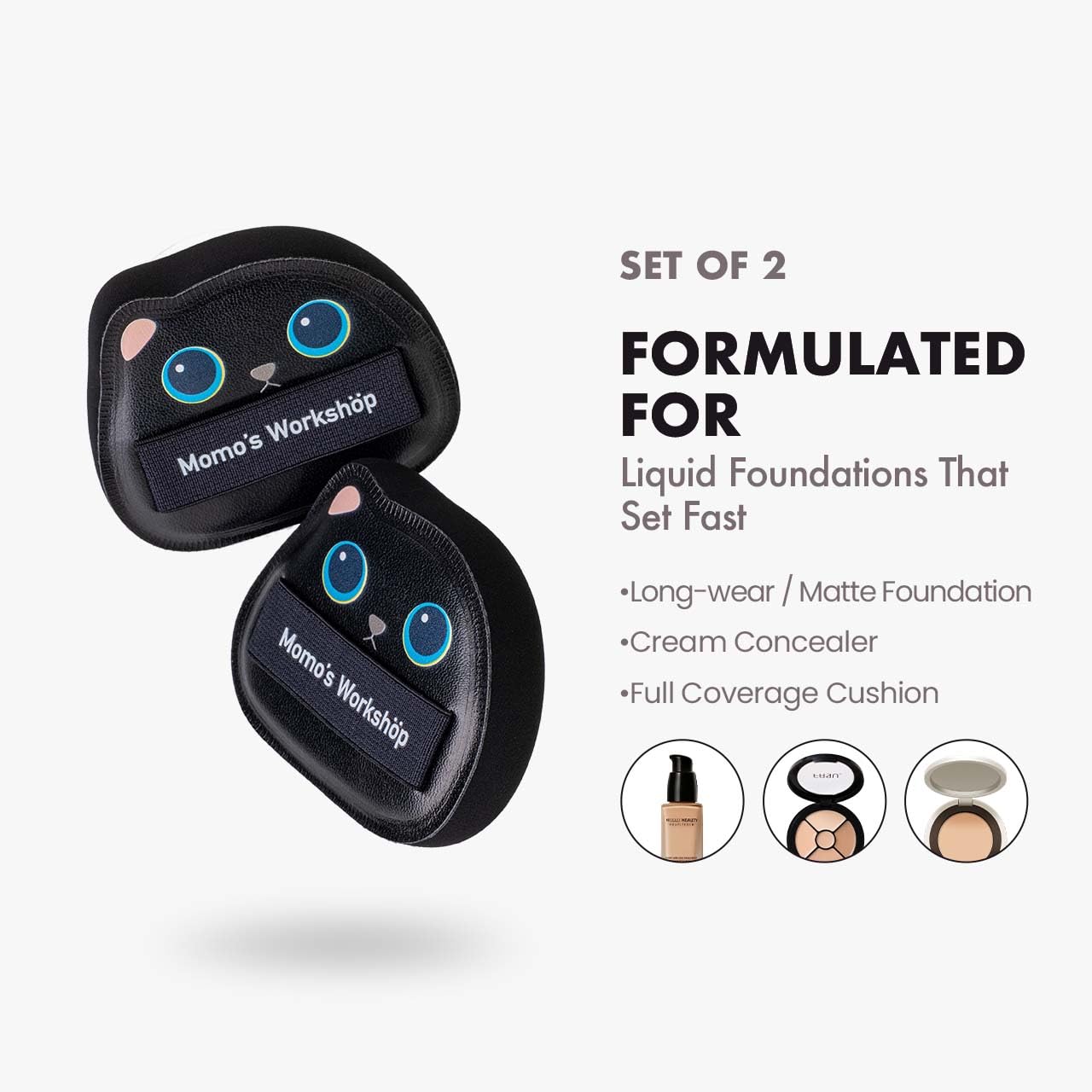 Black Cat Toto Airy Marshmallow Puff,Makeup Sponge,Rubycell Material,Pointed Tip for Concealer + Flat Side for Foundation, Longwear Makeup, Travel Friendly & Reusable,2pcs Puffs & Storage Case