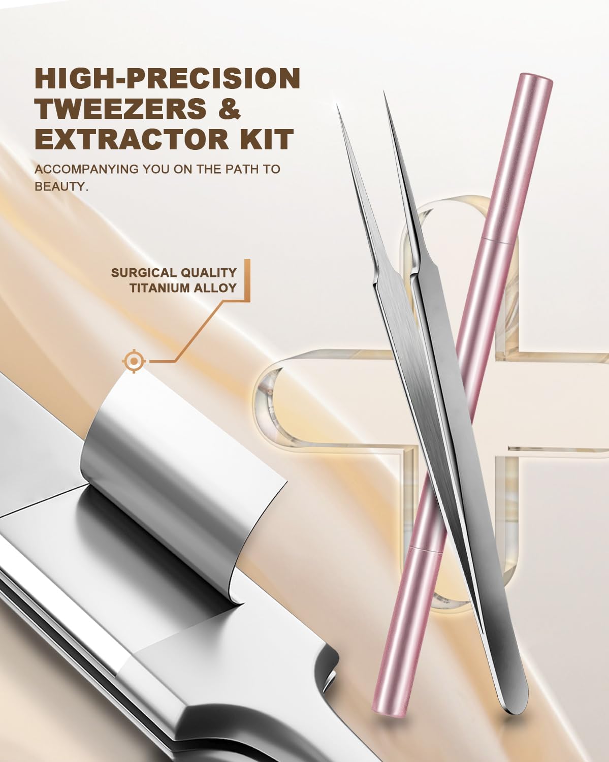 SGNEKOO Professional Facial Milia Removal Tool and Whitehead Extractor,Titanium Alloy Double Ended Needle and Steel Tweezers Kit,Blackhead,Blemish,Zit and Pimple Acne Remover Popper (Stainless Pink)