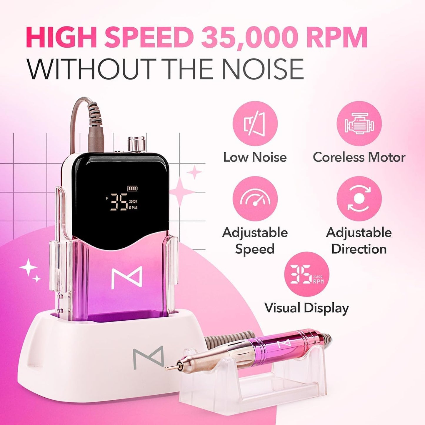 M Mase- Professional Nail Drill Machine - Coreless 2-in-1 Nail File - Electric, Cordless, 35000 RPM, HD Display - Electric Nail Drill for Professional & Home Use (Rose Gold)