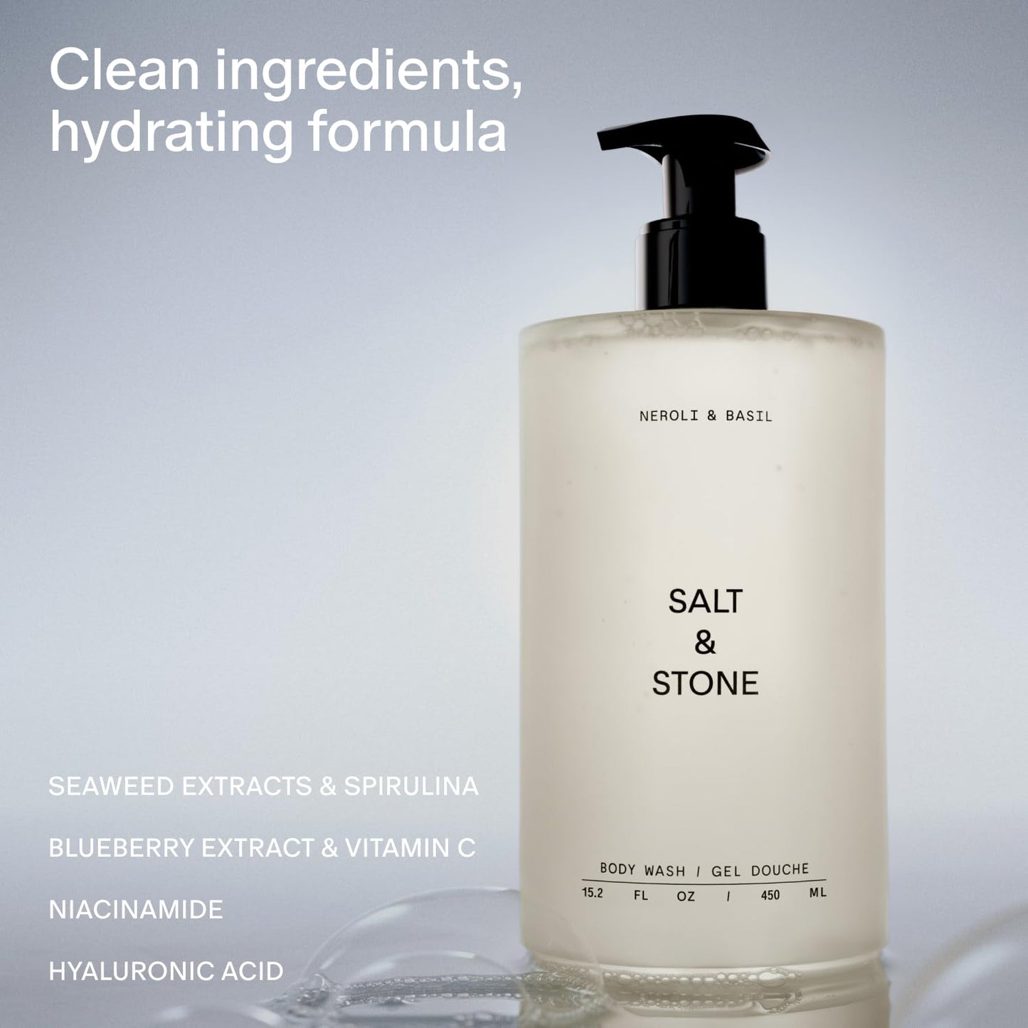 Salt & Stone Body Wash for Women & Men | Neroli & Basil | Hydrating Gel Cleanser | Clean & Soften Skin | Made with Niacinamide & Hyaluronic Acid | Free From Parabens, Sulfates & Pthalates (15.2 fl oz)