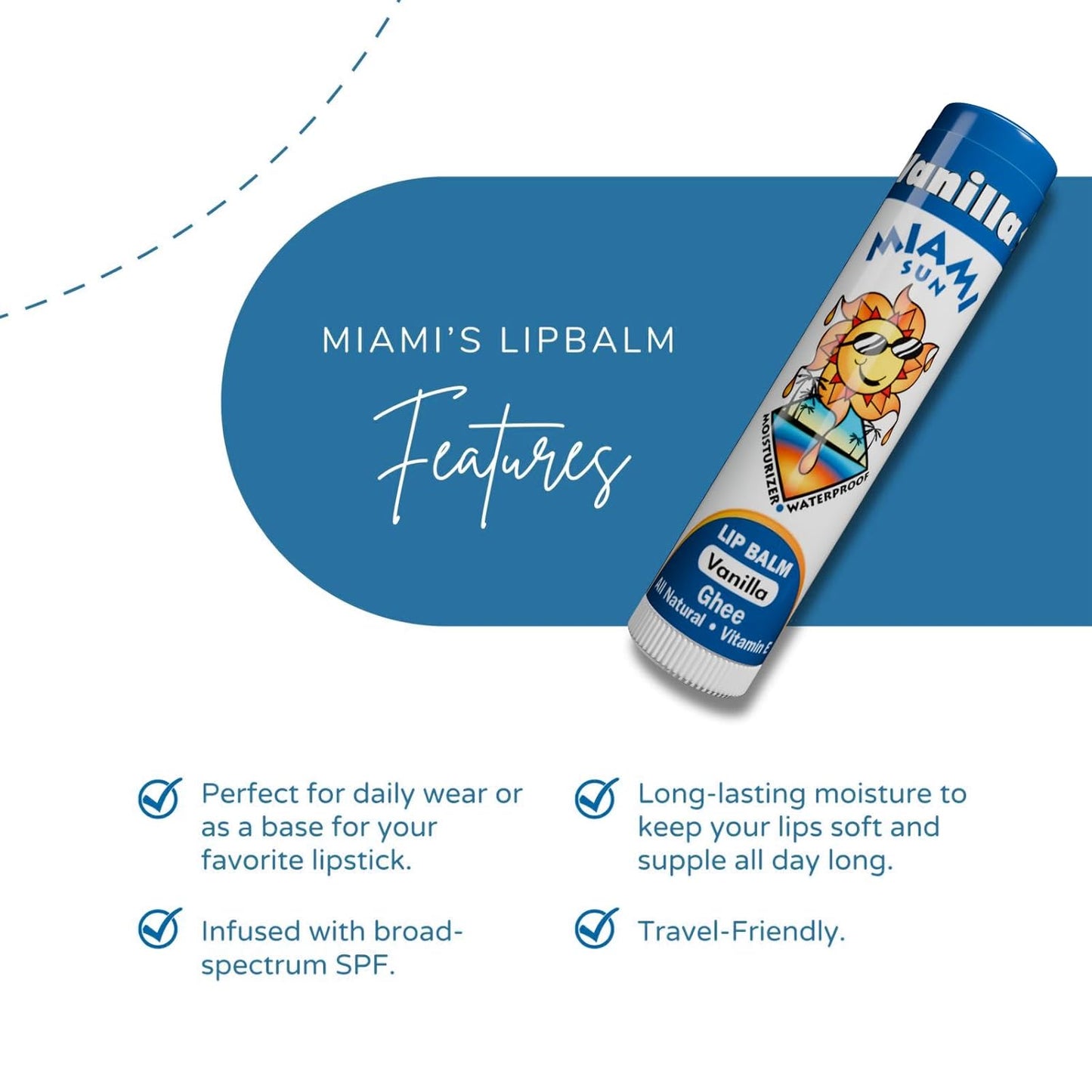 Miami Sun Natural Ghee Lip Balm, Hydrating Lip Treatment with Shea Butter & Beeswax, Organic & Non-Toxic, Best for Dry, Chapped Lips - Moisturizing, Healing, Chemical-Free Lip Care (1 Count, Vanilla)