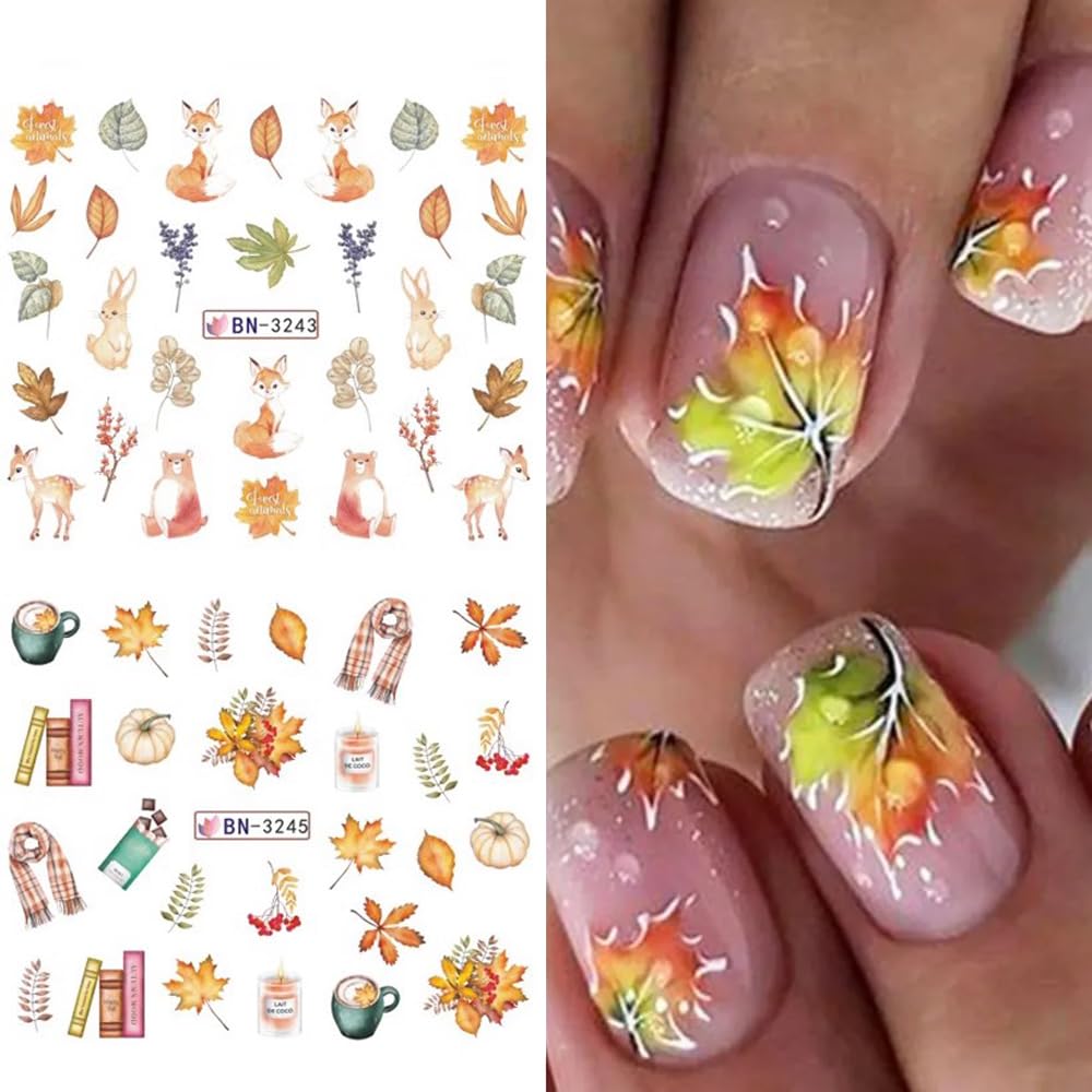 Maple Leaf Nail Art Stickers Decals Fall Thanksgiving Water Transfer Nail Foils Slider Stickers for Autumn Nail Art Accessories Cute Pumpkin Squirrel Leaf Flower Acrylic Nail Decals for Women Manicure
