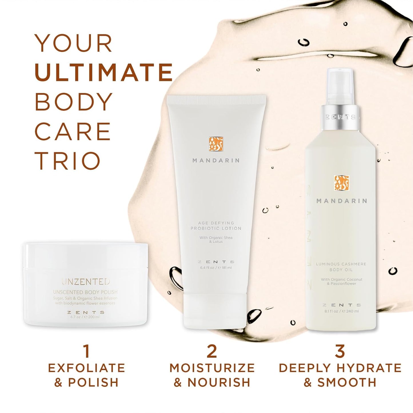 Zents Luminous Cashmere Body Oil (Travel Size - Mandarin Fragrance) | Moisturizing Body Oil with Vitamin E & Organic Coconut Oil | Softens & Smooths Skin | 1 fl oz | TSA Approved