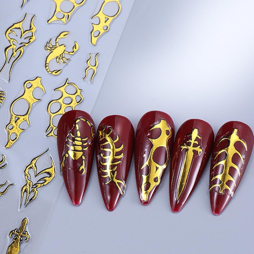 4 Sheets Goth Nail Stickers for Nail Art 3D Punk Style Black Belt Nail Art Stickers Gold Silver Flame Lines Nail Decals Self-Adhesive Centipede Thorn Vine Curves, Swords, Scorpion Patterns for Women