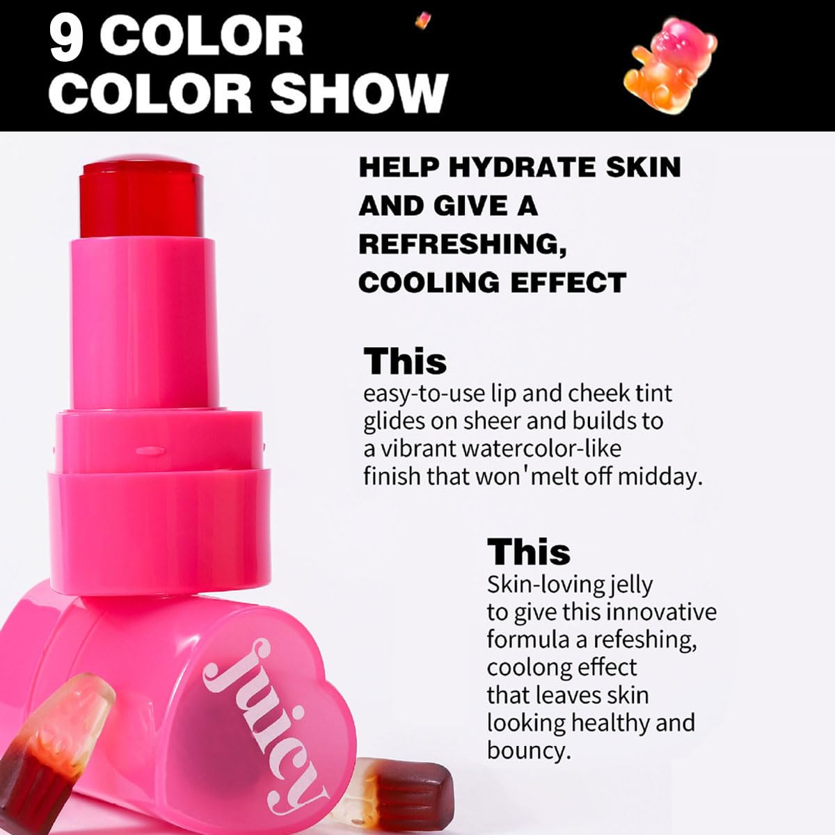 Cooling Water Jelly Tint Stick，Multi-Use Juicy Love Blush, 3-In-1cheek Blush & Eyeshadow & Lip Tinted Long-Lasting Moisture Stick，Bouncy Jelly Texture，Creates A Moist Watercolor Effect (#04, 0.32oz)