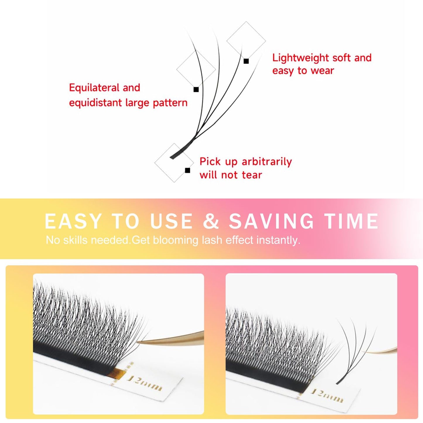 W Lash Extensions Supplies 4D Eyelash Extensions W Shape 0.07mm Thickness C Curl 13mm Premade Fans Easy Fan Lashes Volume Matte Black 12 Rows Crisscross Eye Lashes(W-4D-0.07-C,13mm)