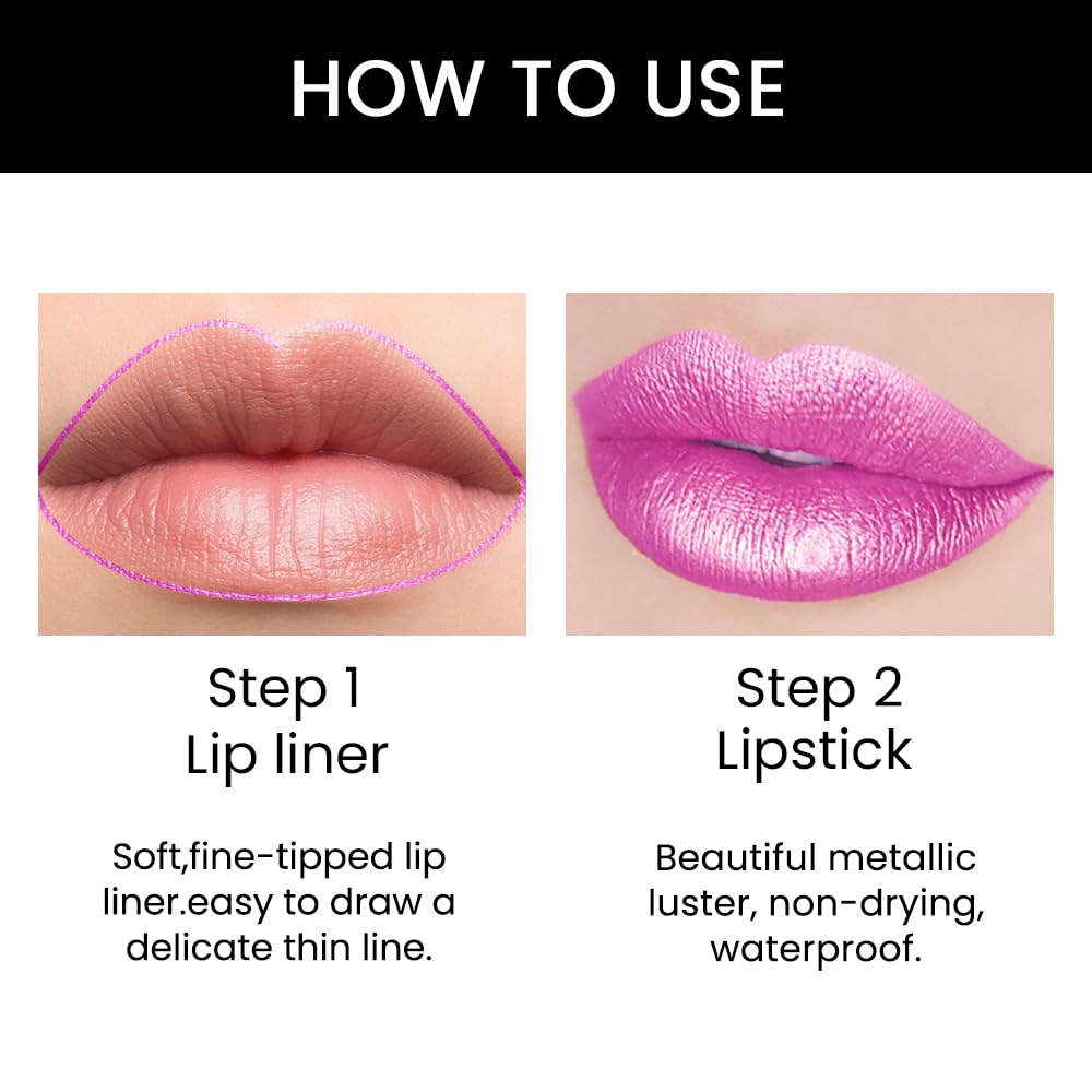 evpct 3Pcs Nude Pink Rose Red Metallic Shine Shimmer Lip Liner and Lipstick Combo Set Kit for Women, Lightweight Hydrating Formula High Impact Full Coverage Lipstick and Lip Liner Makeup Gloss