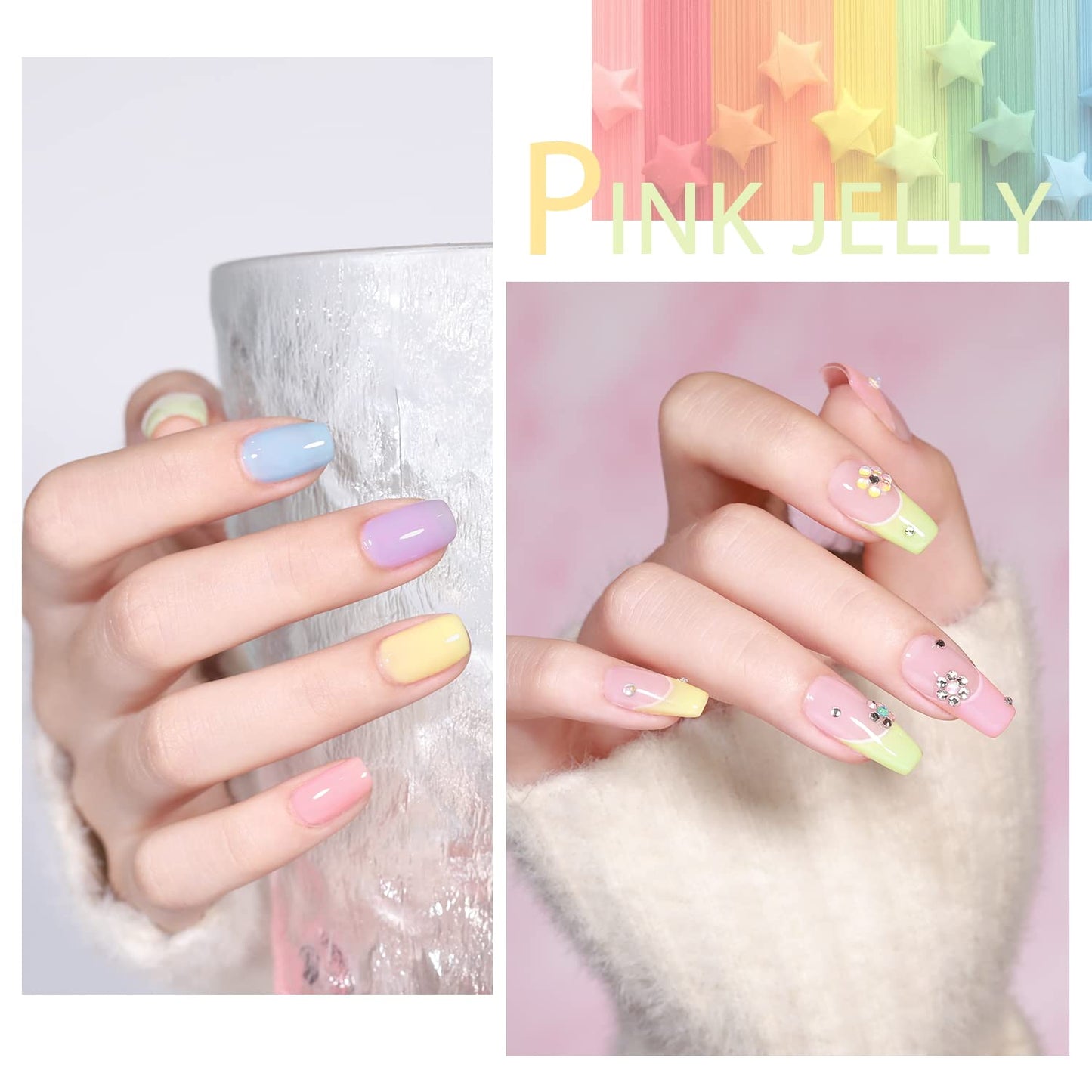 Jelly-Pastel Gel Nail Polish Set - 10 Pcs Pink Nude Gel Polish Set with Summer Yellow Blue Colors - DIY Soak Off Nail Lamp - Easter Decoration Gifts for Women - Manicure Kit