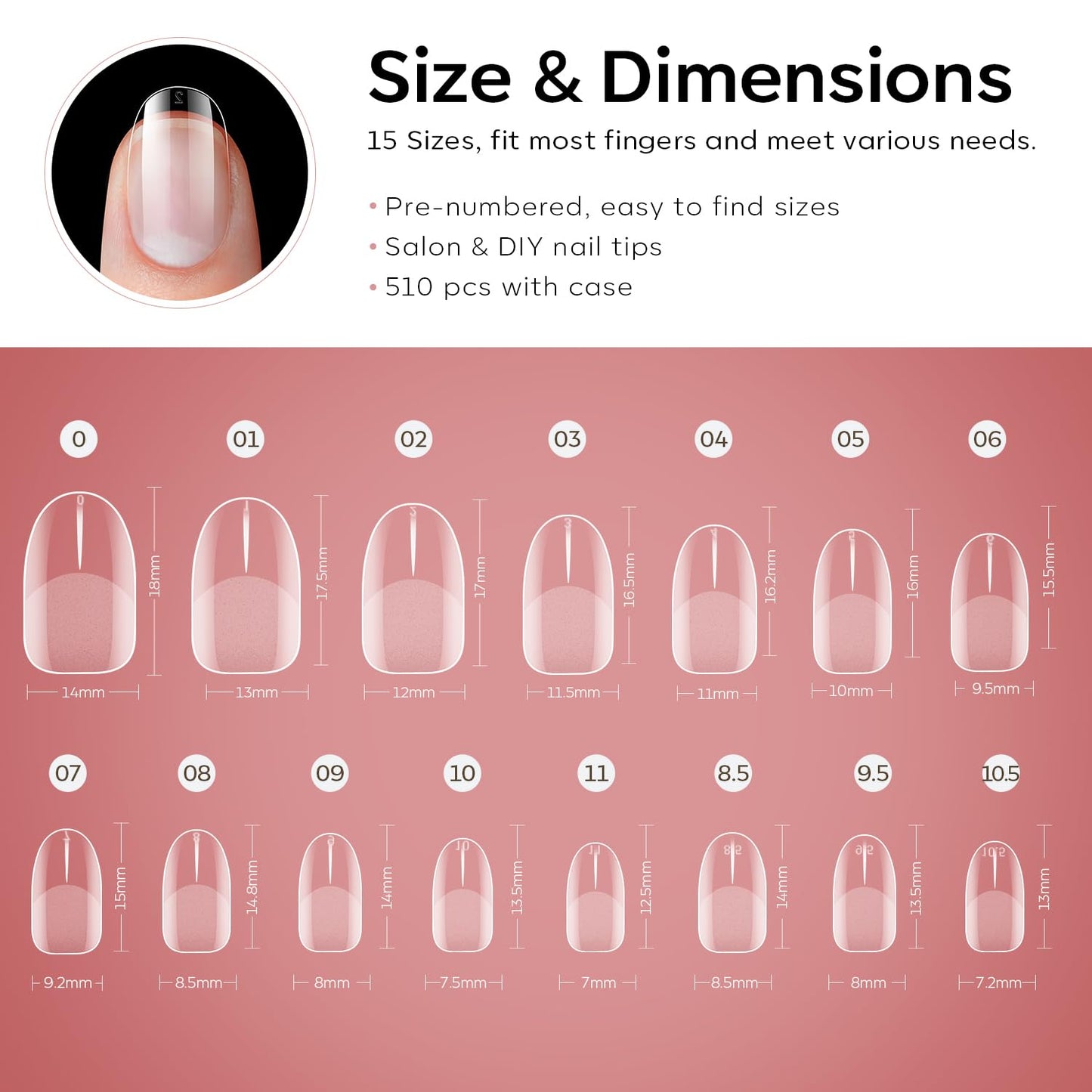 Modelones Extra Short Oval Round Nail Tips - 510Pcs Soft Fake Nails Tips Gel Pre-shaped Half Matte Full Cover No Filed False Extension Manicure Salon DIY at Home 15 Sizes