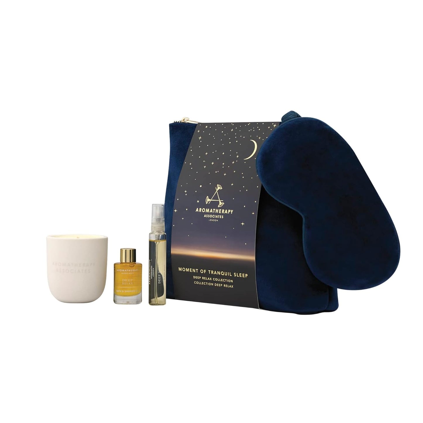 Aromatherapy Associates Moment of Tranquil Sleep. Luxurious Gift Set Includes Deep Relax Bath & Shower Oil, Sleep Mist, Candle Votive, Eye Mask and Lush Velvet Bag (1 Count)