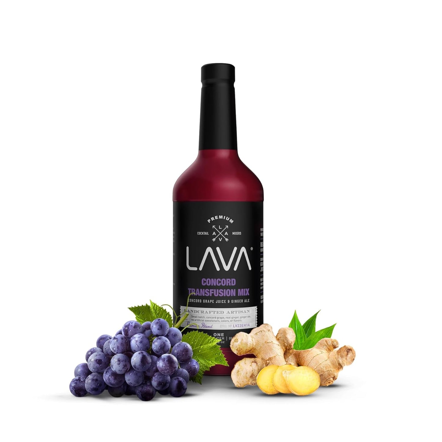LAVA Premium Concord Transfusion Mix made with concord grape juice, real ginger, ginger ale, no artificial sweeteners, 1-Liter (33.8oz) Glass Bottle, Ready to Use