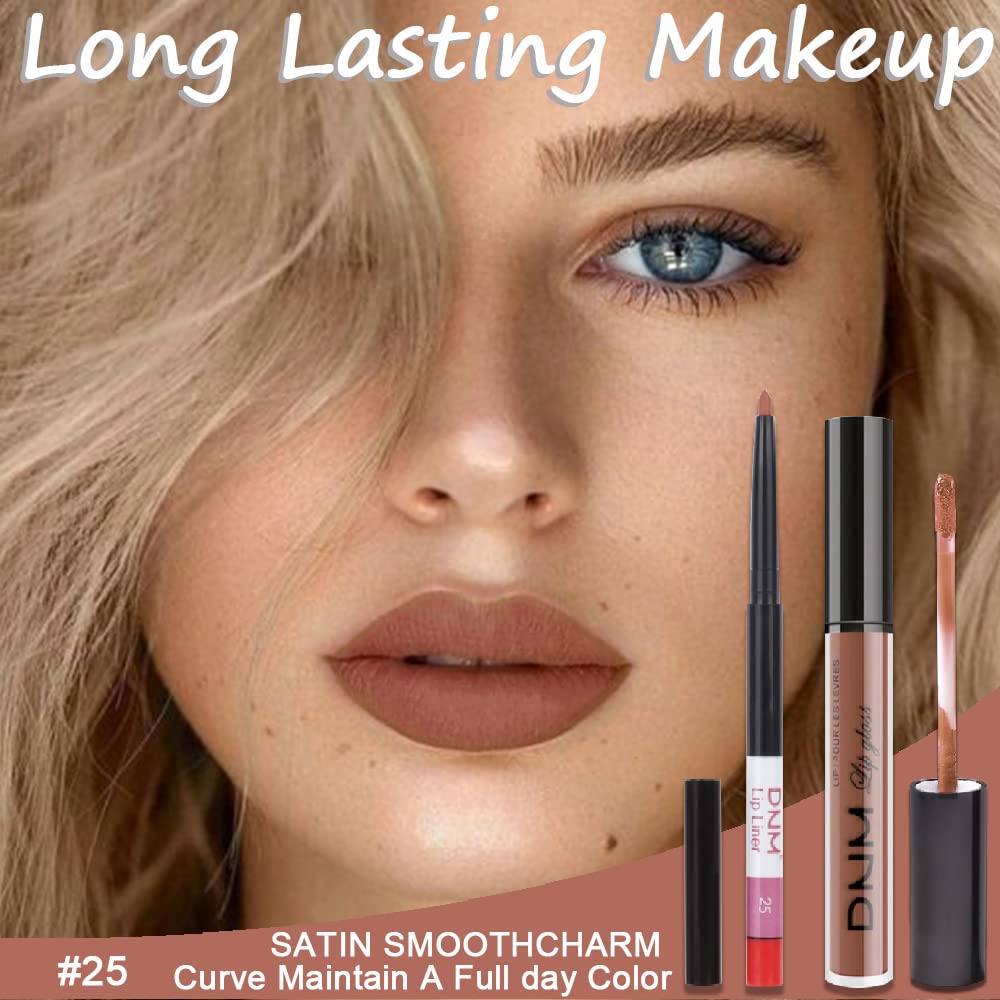 evpct 2Pcs Medium Brown Beige Lip Liner and Matte Lipstick Makeup Sets Vegan Lipstick Lip Liner and Gloss Set Long Lasting Waterproof labiales mate 24 horas originales matte larga duracion 24 25#