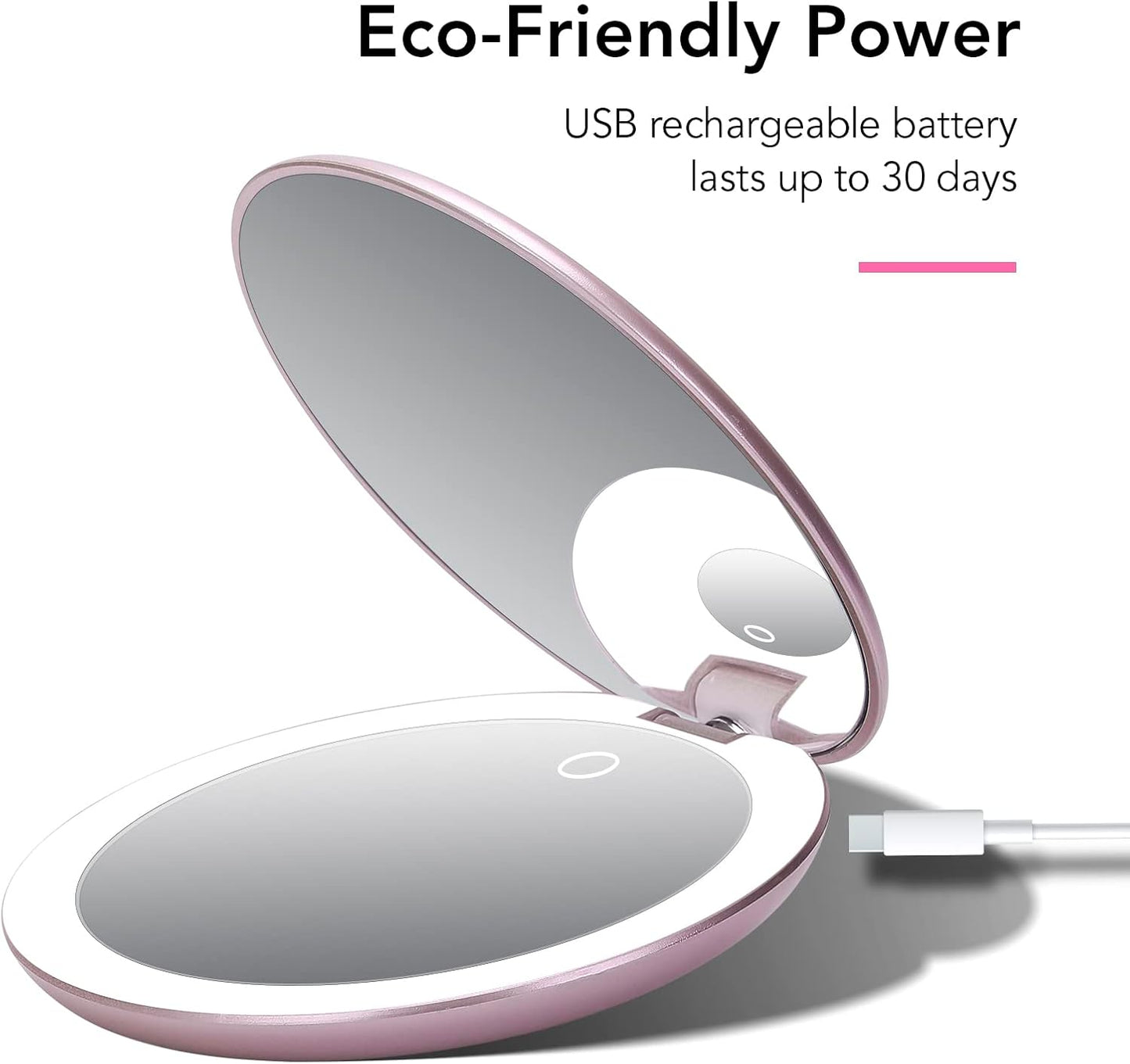 Fancii Taylor LED Lighted Travel Makeup Mirror, Rechargeable with 10x/1x Magnifying & 3 Light Settings - Compact, Portable, Large 5” Wide Hand Mirror for Handbag and Purses (Rose Gold)