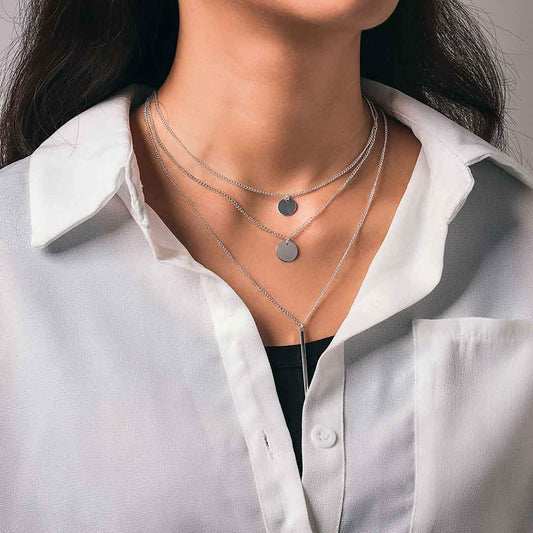 Boho Layered Necklaces Sequins Disc Silver Necklace Chain Short Bar Coin Pendant Delicate Dainty Charm Necklaces Jewelry for Women and Teen Girls