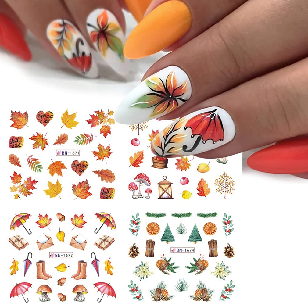 Fall Nail Art Stickers Thanksgiving Nail Decals 24 Sheets Maple Leaves Pumpkin Water Transfer Maple Leaf Turkey Pumpkin Animal Nail Design Sticker for Women Girls Fingernail Tattoos Decoration