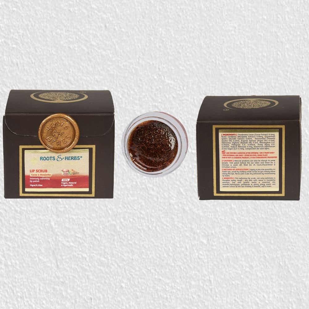 ROOTS AND HERBS Ayurvedic Cacao & Manjistha Cane Sugar Lip Scrub 100% Vegan, No-Paraben, No-SLS, No-Sulphate & Natural Treatment Exfoliator for Dark, Dry, Chapped Smooth & Brighter Lips (15gm/0.53oz)