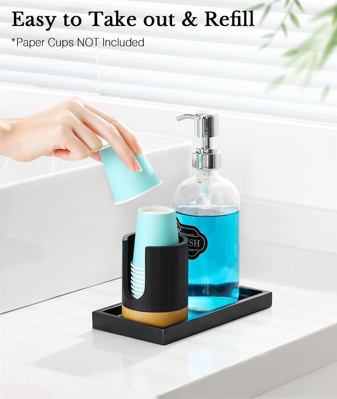 Luxspire Dixie Cup Dispenser, 3+7oz Bathroom Cup Dispenser, Marble Resin Dixie Cup Holder, Disposable Bathroom Paper Cup Holder, Cotton Pad Holder, Guest Bathroom Essentials, Matte Black, 2 Pack