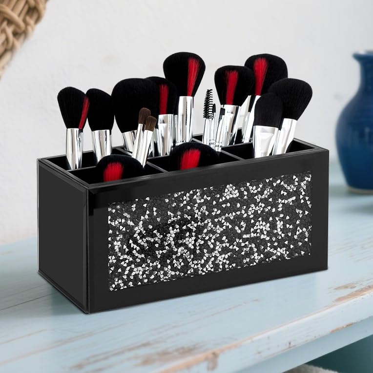 SHYFOY Black Makeup Brush Holder Organizer, 6 Slots Glass Makeup Cosmetics Organizers and Storage for Vanity Countertop