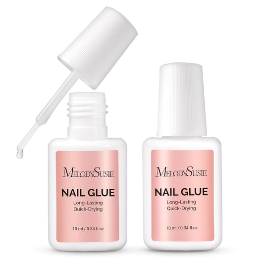 Melodysusie Brush-On Nail Glue for Acrylic Nails Press on Nails Quick-Drying Super Strong Long Lasting Adhesive for Nail Tips Fake Nails No UV Lamp Needed with Easy Application 10ml*2