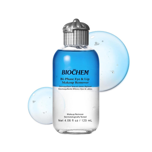 BIOCHEM Bi-Phase Eye & Lip Heavy Makeup Remover, Waterproof Mascara Remover, Gentle Cleanser liquid for Makeup with Natural Ingredients for Sensitive, Normal Skin Types (4.06 fl. oz / 120 ml)