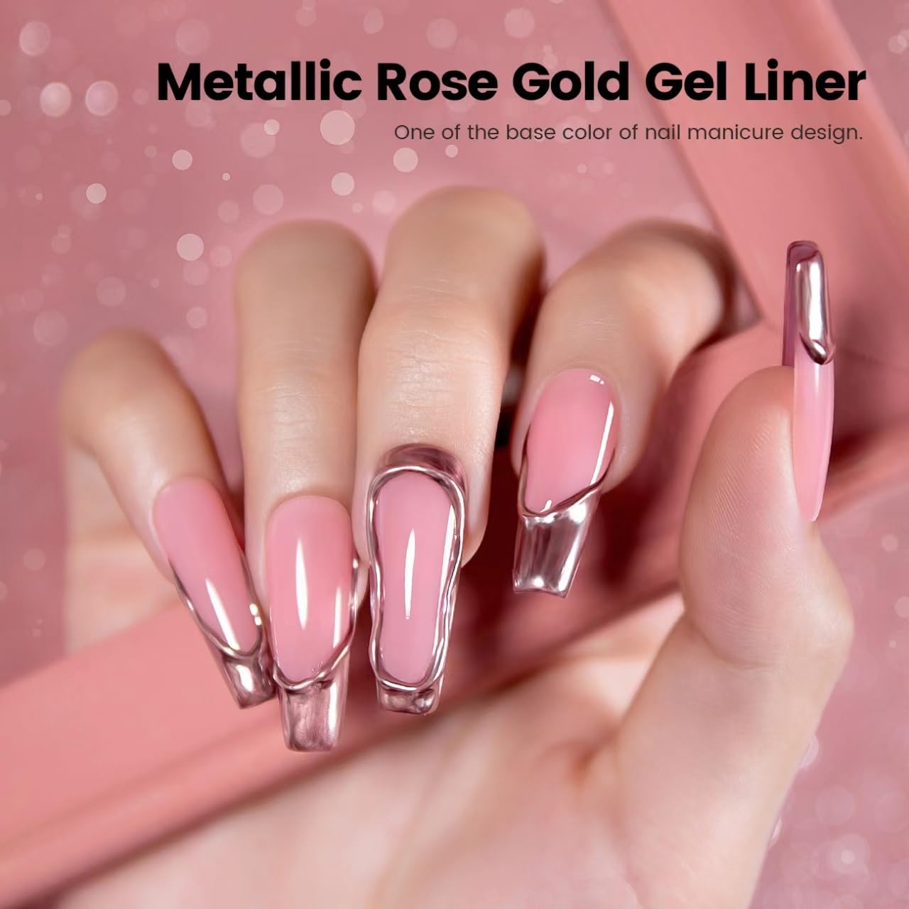 RARJSM Metallic Gel Liner Nail Art Rose Gold 3D Mirror Chrome Effect Gel Nail Polish 8ml Painting Build in Thin Brush Metal Painted Drawing Striper Gelpolish Soak off Curing Requires for Home Salon
