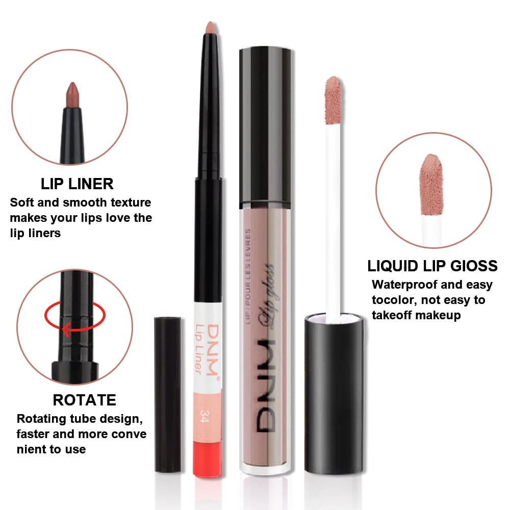 evpct 2Pcs Mauve Nude Neutral Color Lip Liner and Matte Lipstick Makeup Sets Vegan Lipstick Lip Liner and Gloss Set Lip Stain Long Lasting Waterproof 24 34#