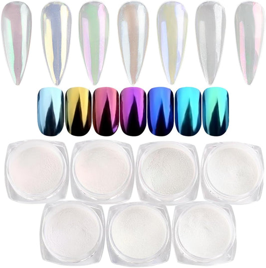 Pearl Chrome Nail Powder Set - 7 Colors Aurora Powder Mermaid Effect for Nails Iridescent Nail Glitter Shimmer White Rubbing Dust Nail Pigment Set Manicure Nail Art Decorations (B01-07)
