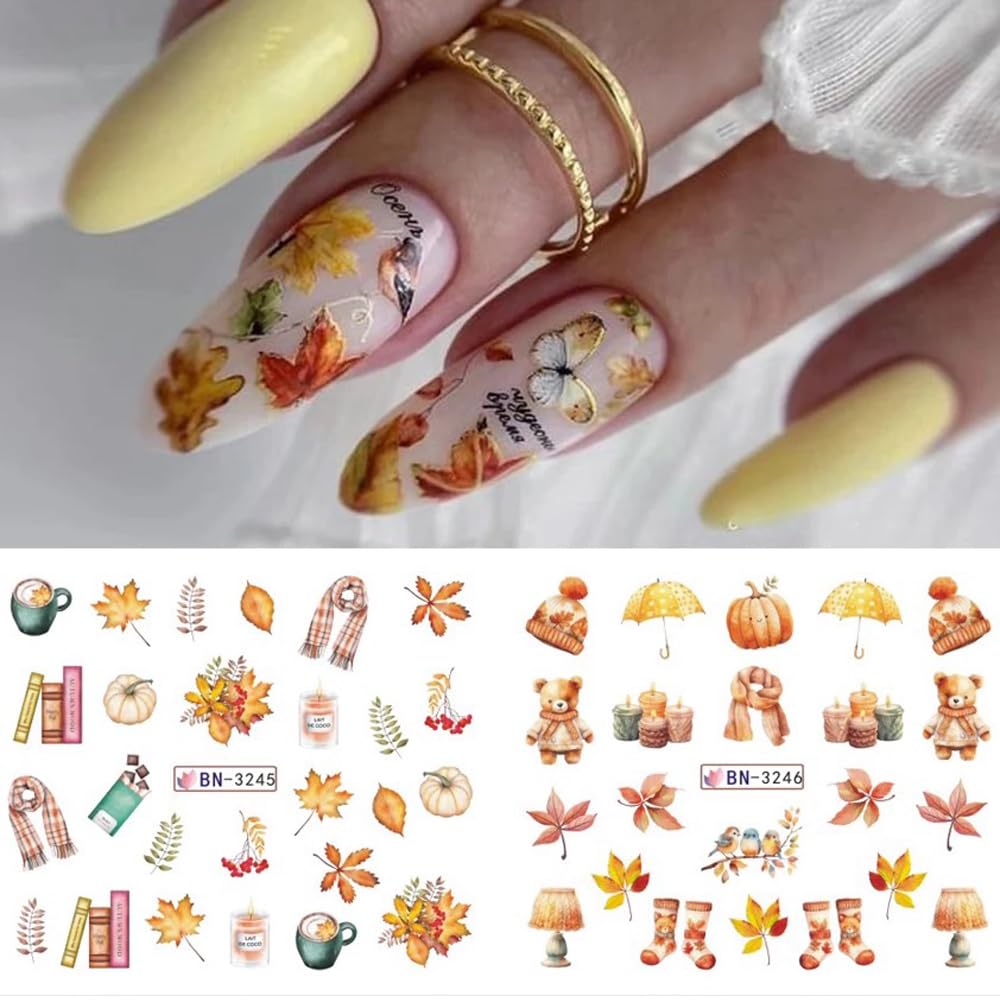 Maple Leaf Nail Art Stickers Decals Fall Thanksgiving Water Transfer Nail Foils Slider Stickers for Autumn Nail Art Accessories Cute Pumpkin Squirrel Leaf Flower Acrylic Nail Decals for Women Manicure
