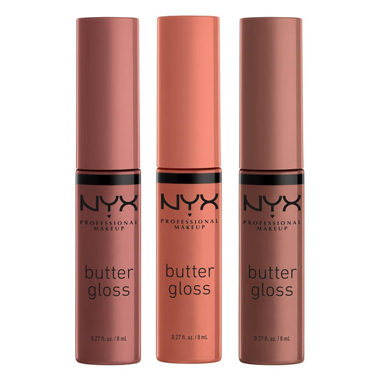NYX PROFESSIONAL MAKEUP Butter Gloss Brown Sugar, Non-Sticky Lip Gloss - Pack Of 3 (Sugar High, Spiked Toffee, Butterscotch)