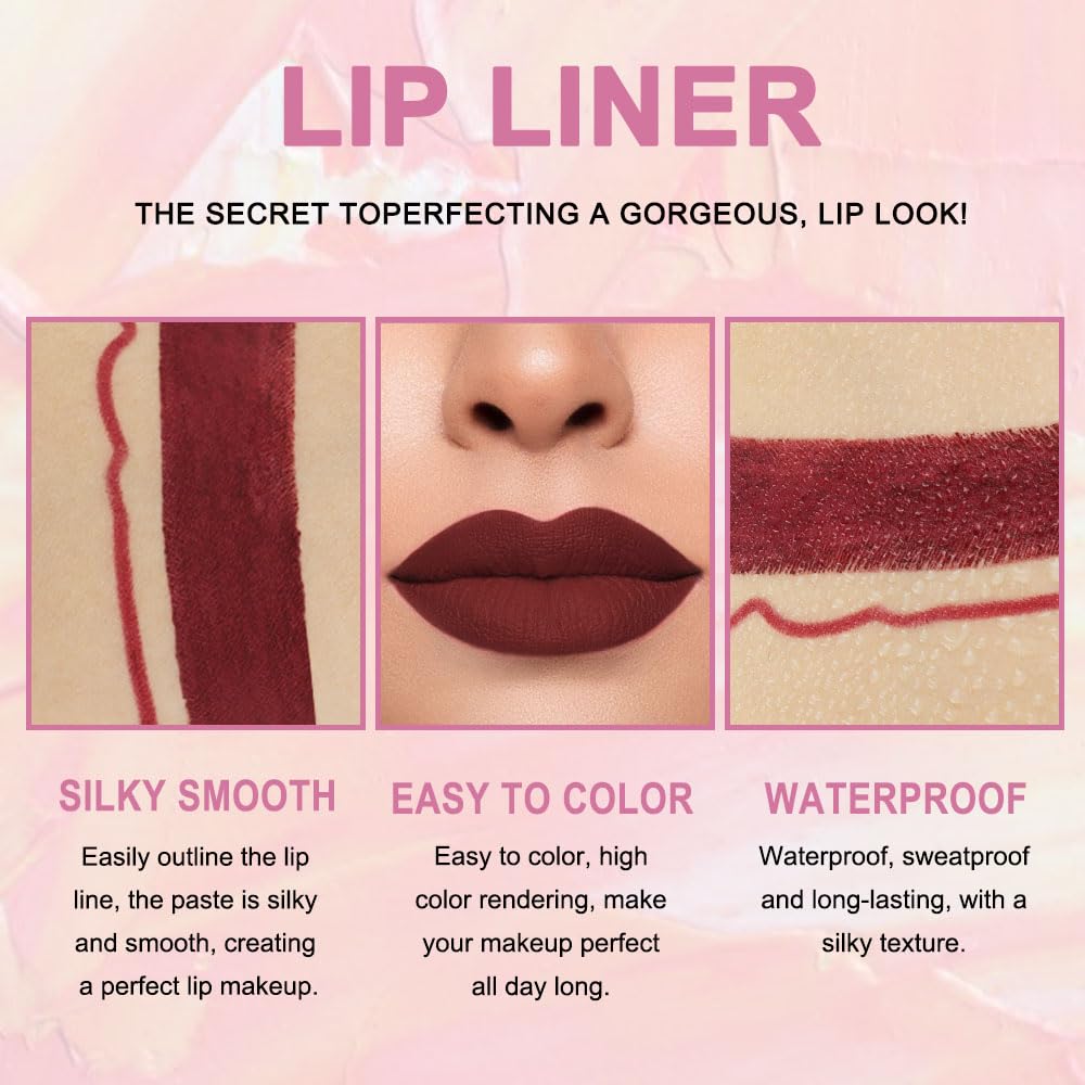 Kaely 2-in-1 Dark Deep Red Lip Liner & Lipstick Set Kit for Women, Matte Lips Kit with Lip Liner Lip Stains Long Lasting Waterproof 24 Hour Lipstick and Lip Liners Combo Lipliners Pencil Set 15