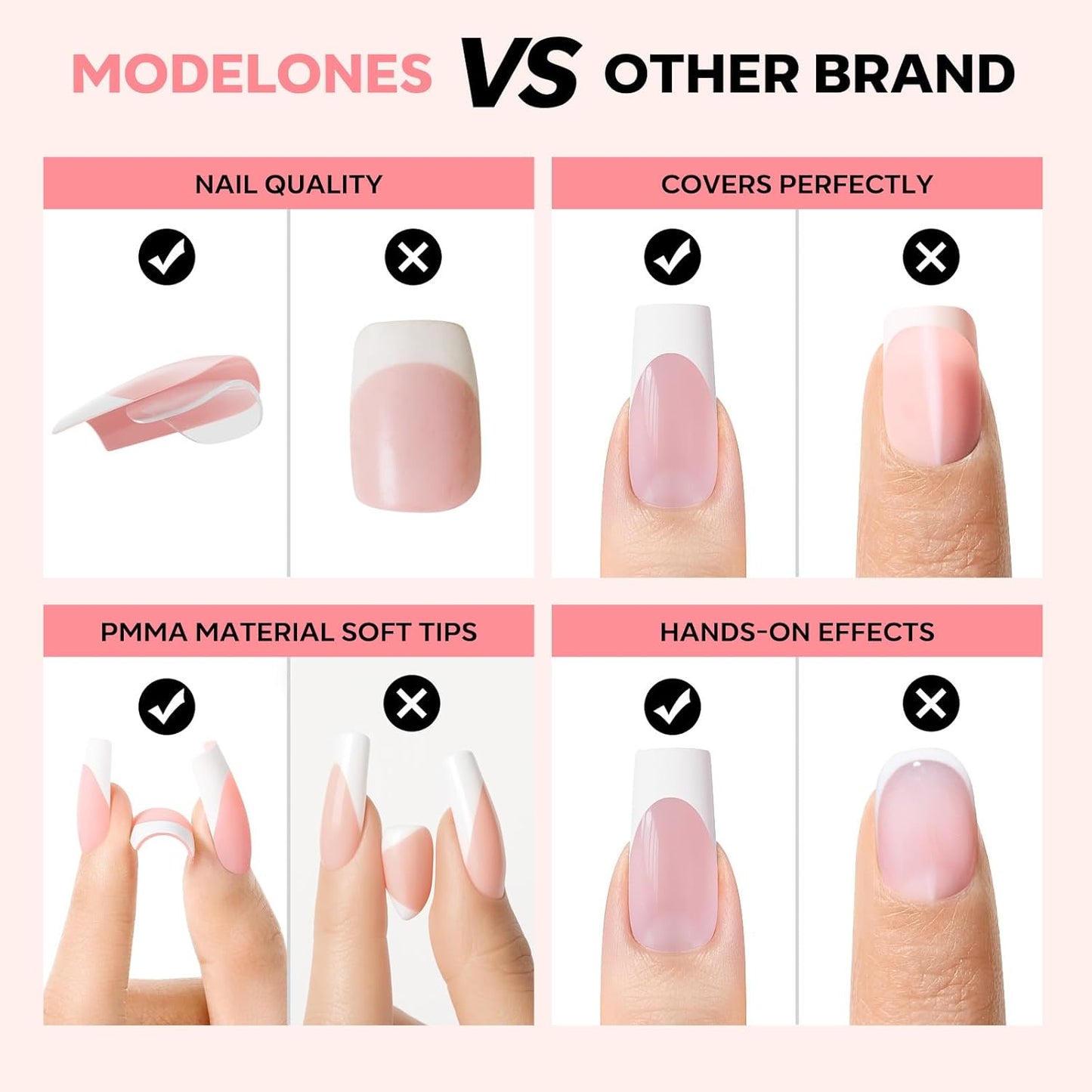 modelones French Tip Press on Nails, 150Pcs Long Square Fake Nails with Nail Box, Pink & White Gel Nail Tips for Women, Soft Glue-On Nails for Natural Salon Look, DIY Nail Art Kit (15 Sizes)