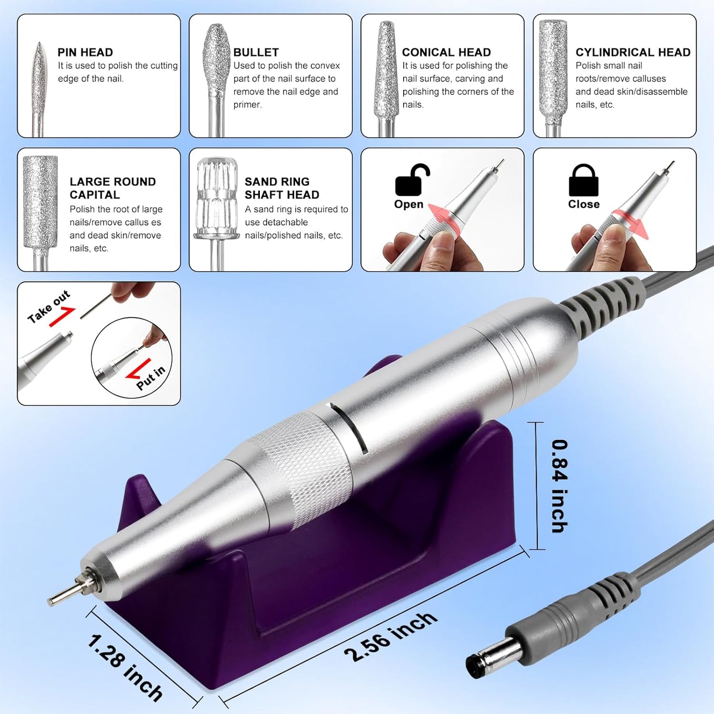 Professional Electric Cordless Nail Drill File:Glitter Portable Cordless E-File Nail Drill Kit with13 Drill Bits 45000RPM Rechargeable Nail Drills Machine for Acrylic Nails Gel Polishing (White)