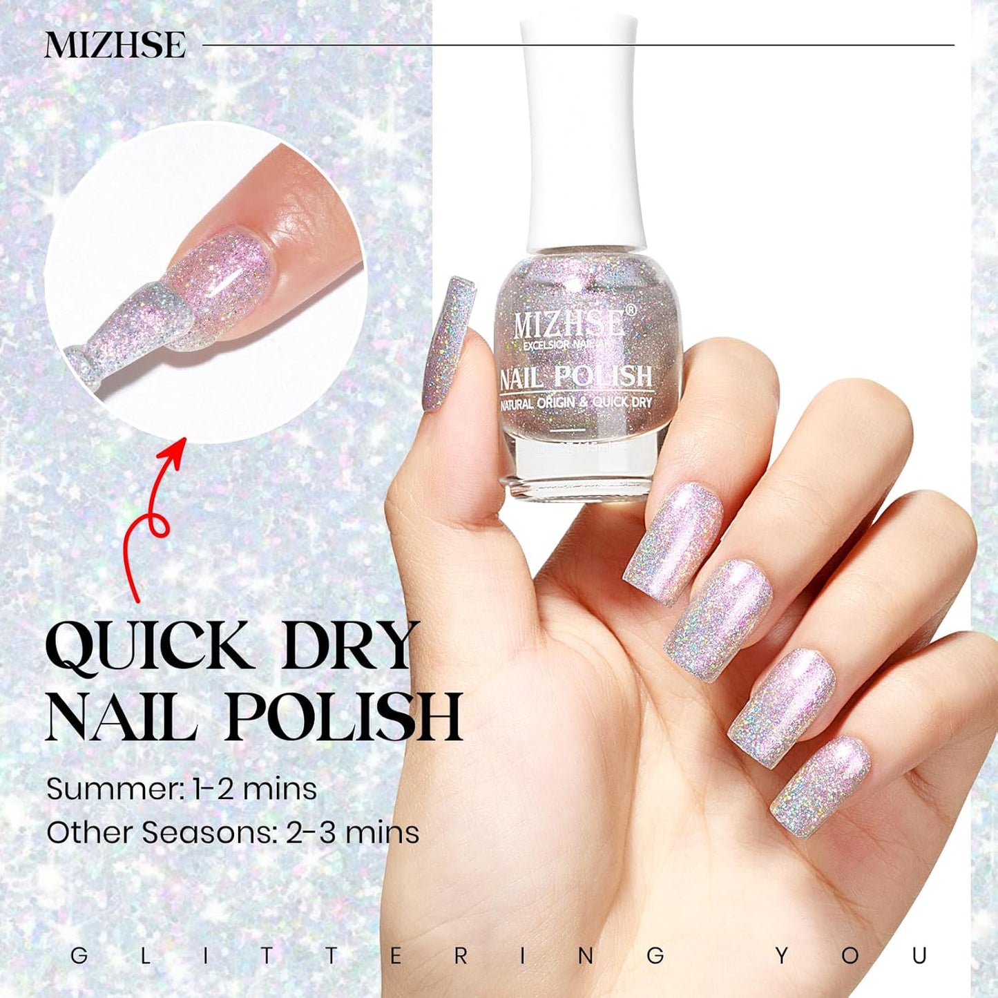 MIZHSE Rainbow Glitter Nail Polish, Quick Dry Iridescent Nail Polish, 15 ml 0.5 fl oz High Glossy Sparkle Shiny Nail Pigment Oil-based Nail Lacquer Nail Art Salon Manicure Home