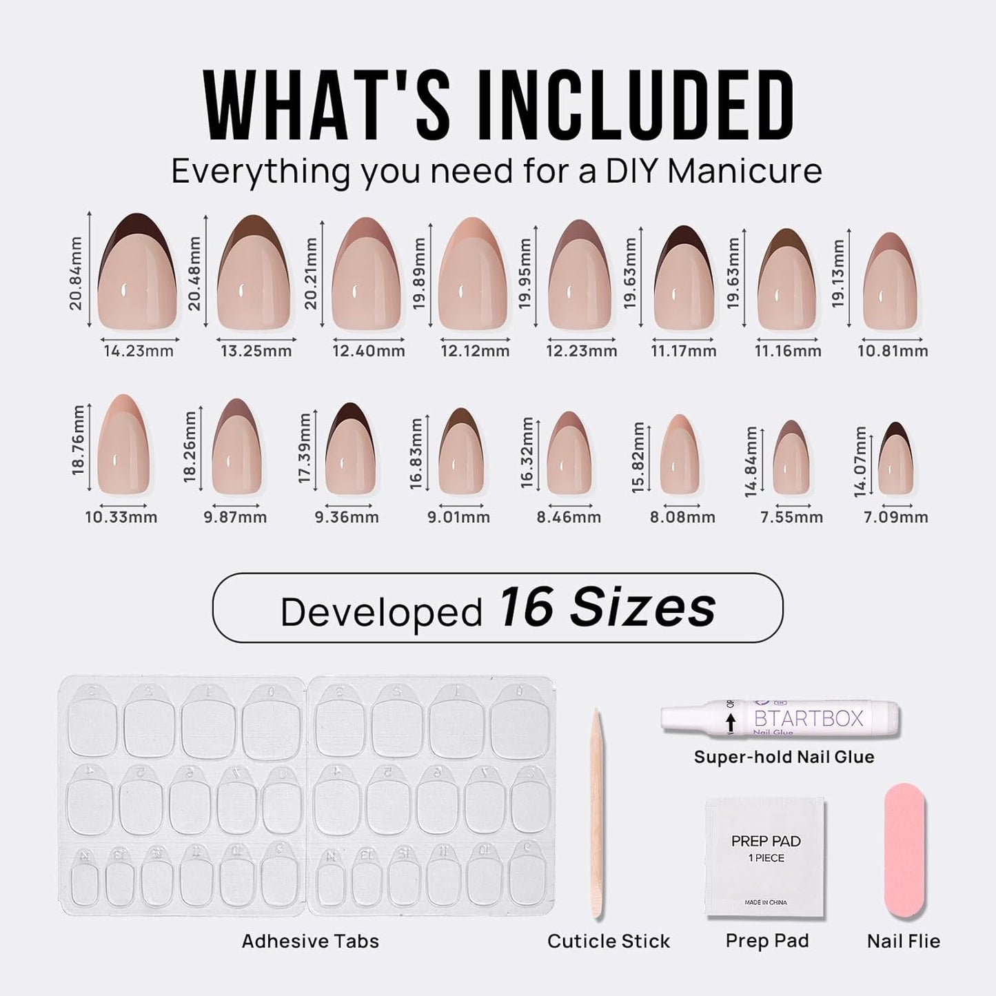 BTArtbox French Tip Press On Nails, Short Almond Supremely Fit & Natural Glue On Nails with Nail Glue, Reusable Stick On Nails in 16 Sizes - 30 Soft Gel Fake Nails Kit, Morning Coffee