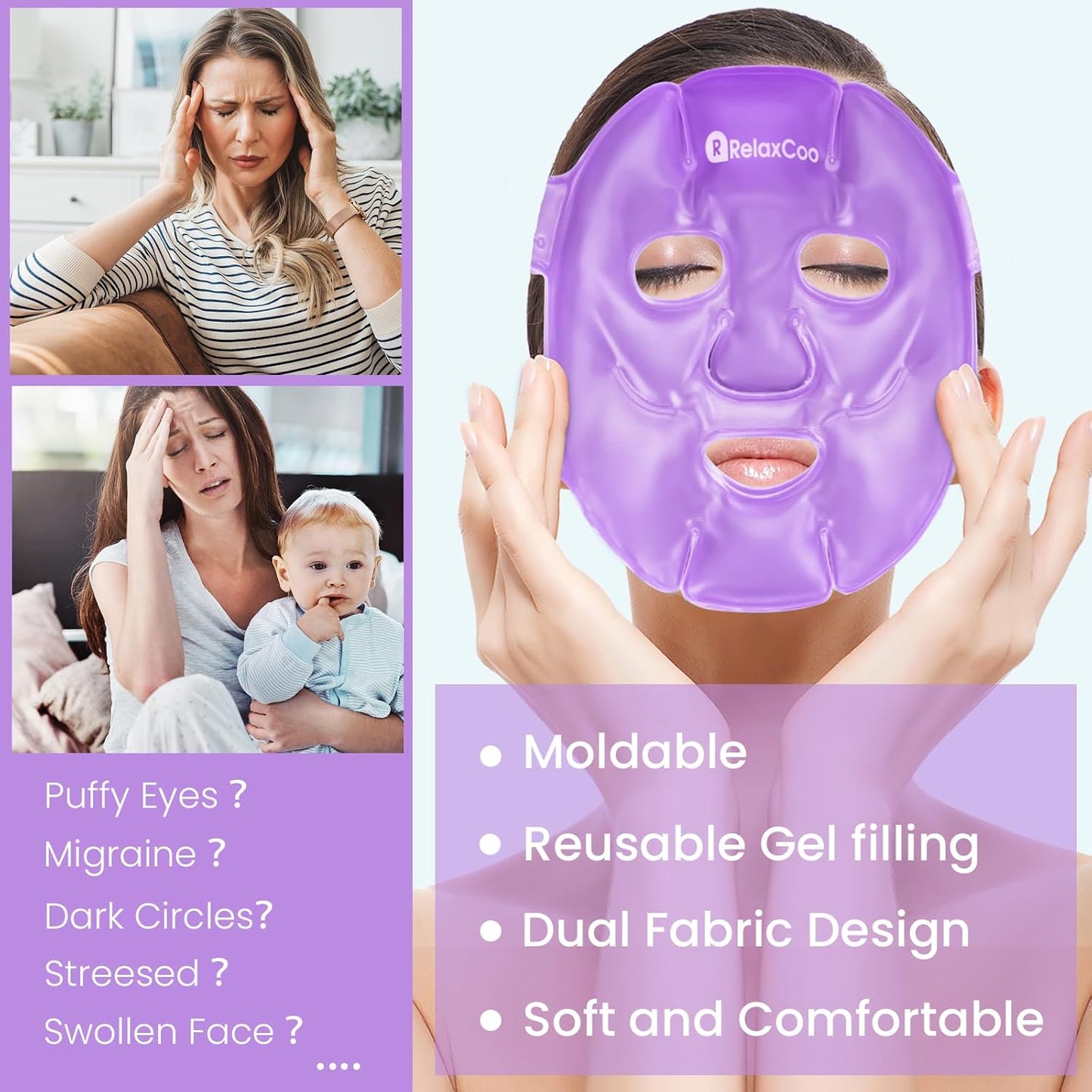 Cold Face Eye Mask Ice Pack Reduce Face Puff,Dark Circles,Gel Hot Cold Compress,Face SPA for Woman Sleeping, Pressure, Headaches, Skin Care， Purple