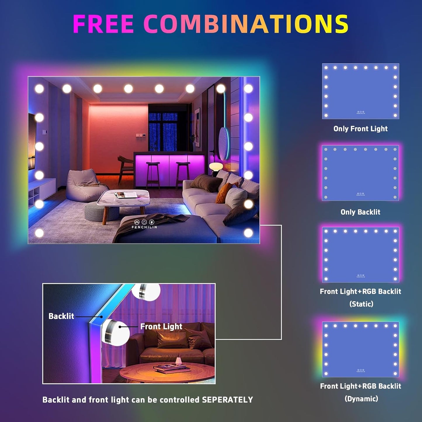 FENCHILIN RGB LED Vanity Mirror with Front Light and RGB Backlit Lighted Hollywood Makeup Mirror with 18 Dimmable Bulbs Smart Touch for Bedroom (32"x23") White