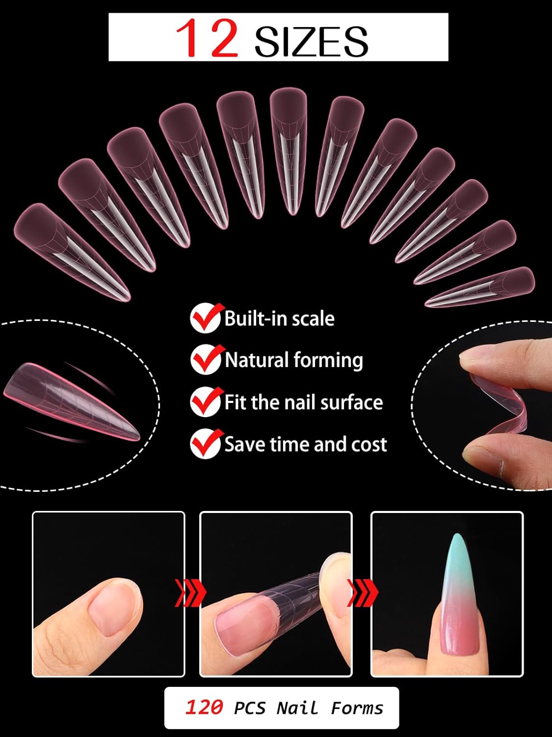 EBANKU Dual Nail Forms for Poly Extension Gel, 120 PCS Pink Nail Molds 12 Sizes Nail Extension Forms for Builder Gel Manicure Design Salon DIY