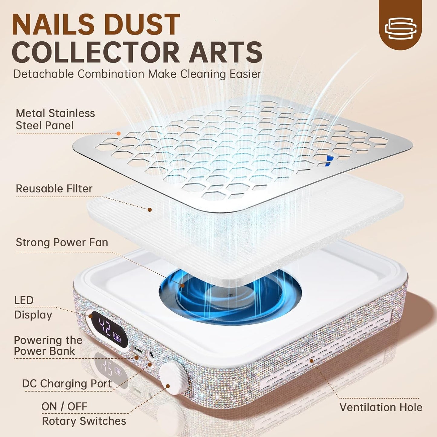 Nail Dust Collector, Rechargeable Dust Collector Nail Tech, Powerful Vacuum Fan Vent Dust Collector Extractor Dust Suction Machine for Acrylic Nails Polishing, Nail Salon&Home, White