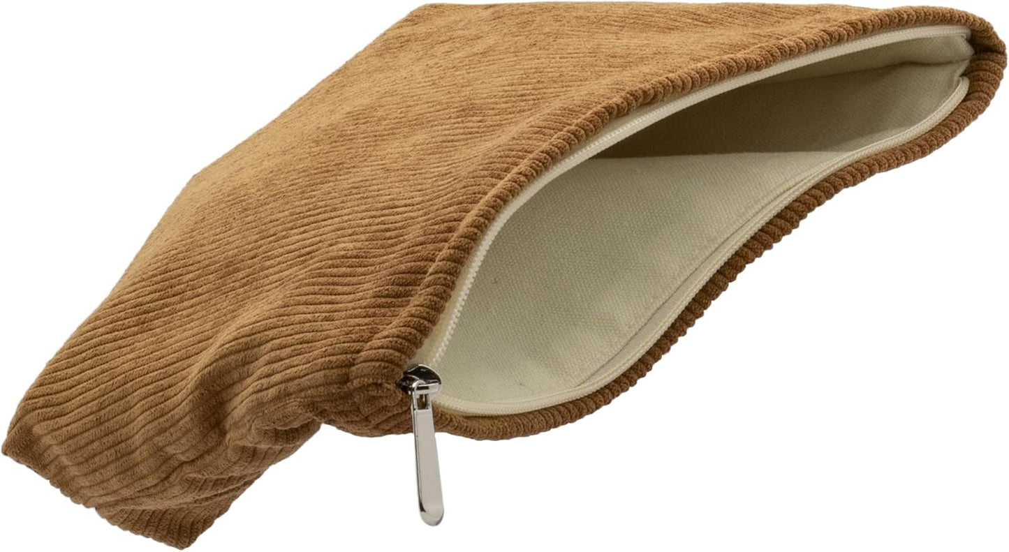 PAZIMIIK Makeup Bag Large Zipper Corduroy Make Up Pouch for Purse Travel Canvas Cosmetic Organizer for Women Brush Storage,Brown