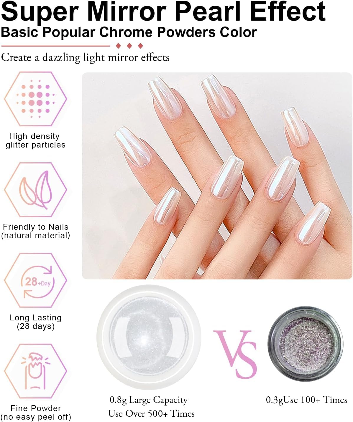 Pearl Chrome Nail Powder BISHENGYF -【0.8g Super Pearl Effect】Nail Chrome Iridescent Aurora Mermaid White Giltter Powder for Nails Art DIY