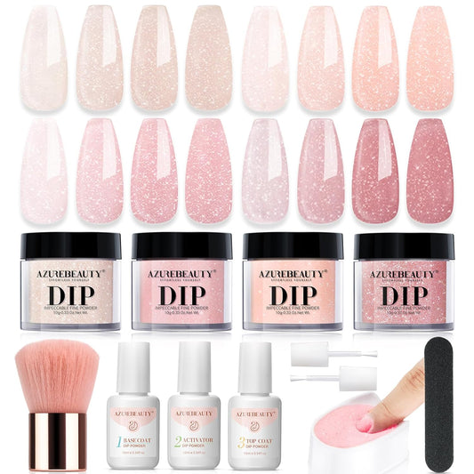 AZUREBEAUTY Jelly Dip Powder Nail Kit, Transparent Glitter Nude Pink Sheer Peach Neutral 4 Colors Dipping Powder Liquid Set with Base/Top Coat Activator for French Nail Art Manicure DIY Home Gifts