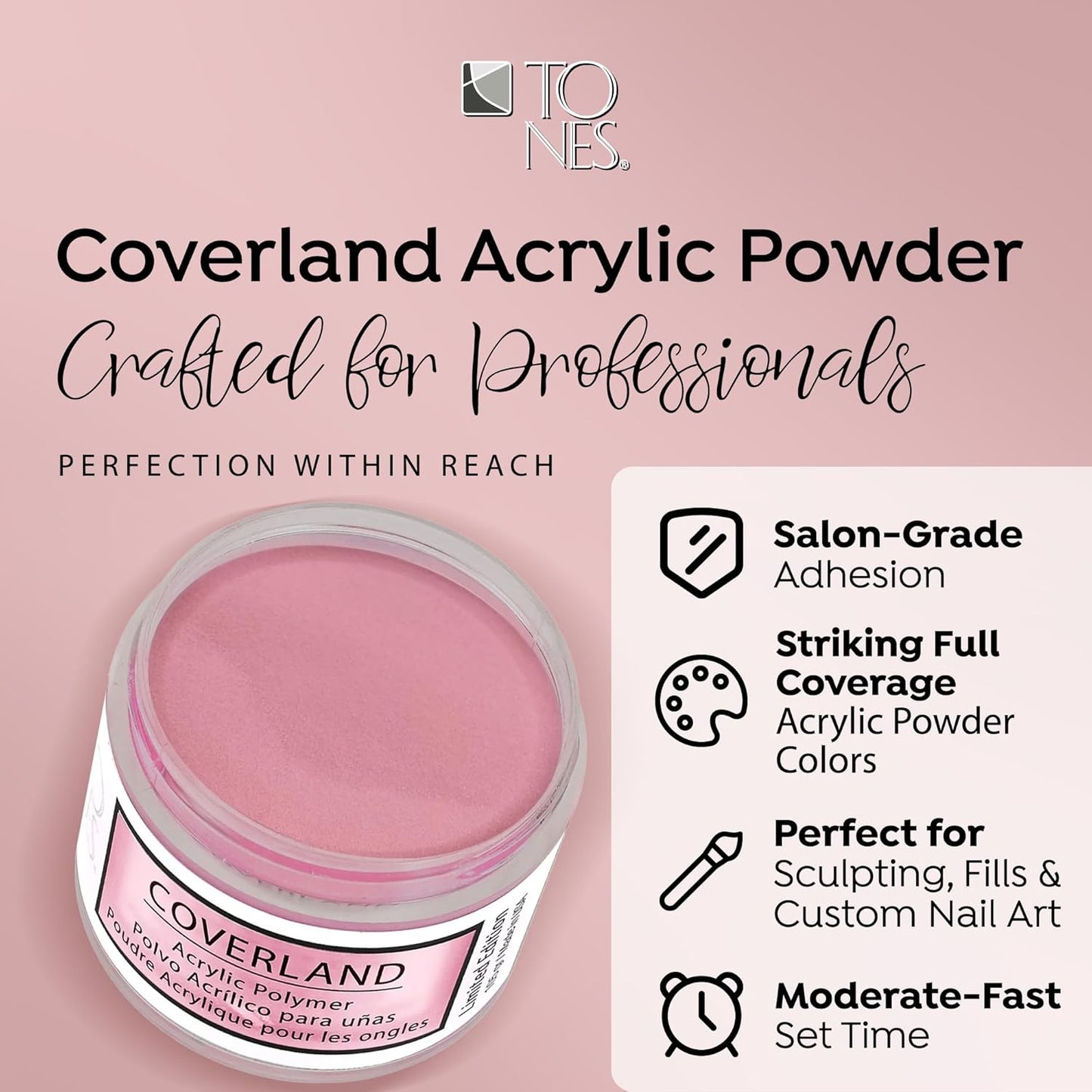 Tones Coverland Acrylic Nail Powder "French Rose" - Limited Edition Acrylic Powder for Nail Design, Sculpting, and Masking Nail Bed Imperfections - Professional Acrylic Nail Supplies - (1.5 Oz)