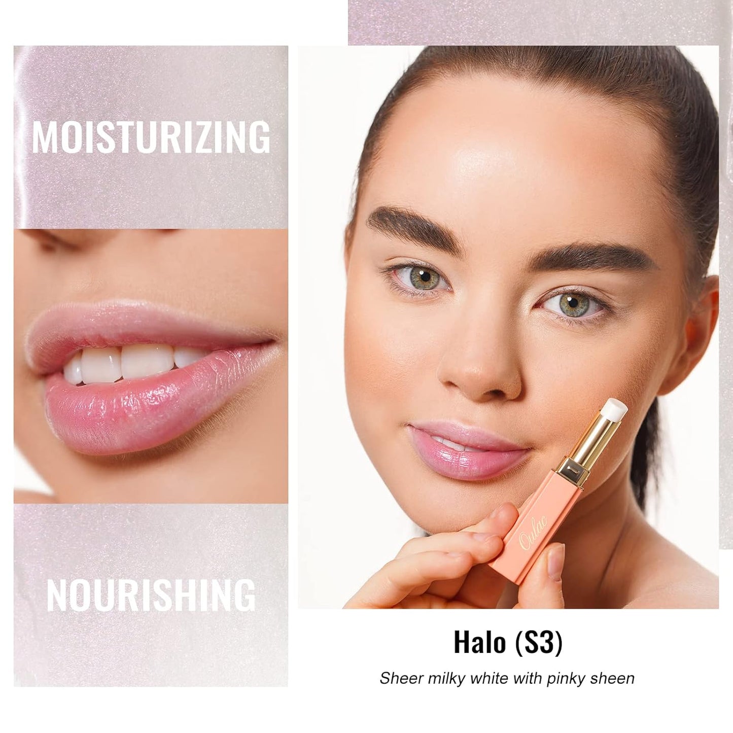 Oulac Moisturizing Shine Lipstick - Giltter Tinted Lip Balm Hydrating, Lip Plumper, Glossy Finish, Sheer Coverage with Pearlescent, Smooth for All Skin, Cracked and Chapped Lips, 2.2g/0.07oz (S03)