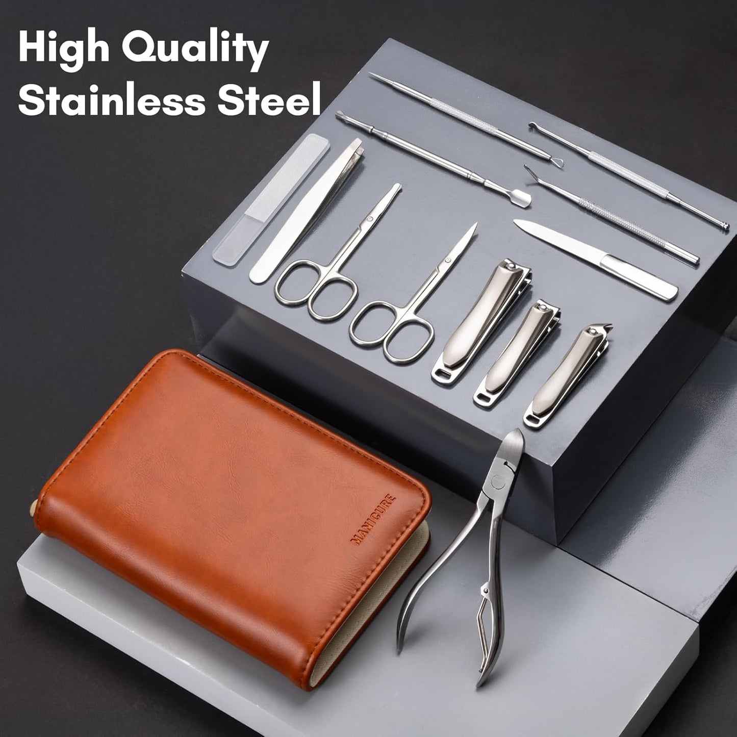 FAMILIFE Professional Manicure Set, Manicure Kit, Nail Clippers Set, Stainless Steel Orange Pedicure Tool, Nail Kit with Portable Leather Travel Case Luxury Gifts for Him