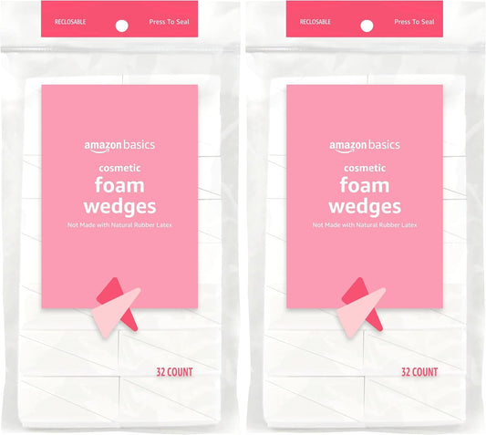 Amazon Basics Cosmetic Rectangular Foam Wedges For Makeup, 32 Count, White (Pack of 2)