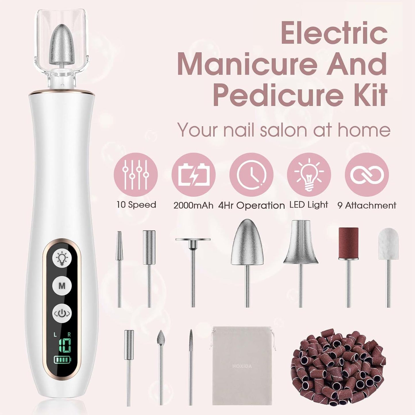 Professional Manicure Pedicure Kit, Cordless Electric Nail Drill with 360° LED light&10 Speeds, Rechargeable Pedicure Tools for feet, Hand Foot Care Nail Drill for Thick Nail Toenail Cuticle Women Men