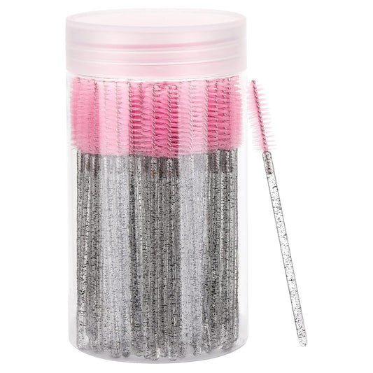 100 Pcs Disposable Eyelash Brush, Mascara Wands Makeup Brushes Applicators Kits for Eyelash Extensions, Eyebrow Brush with Container (Pink, Black)