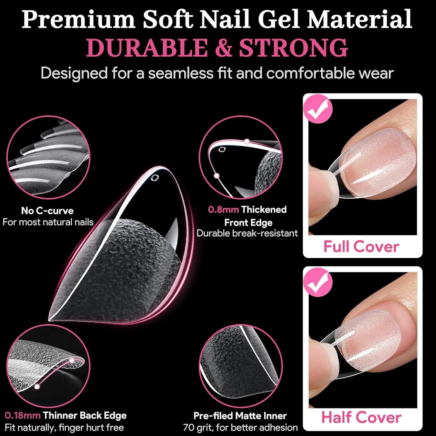 Extra Short Almond False Nail Tips, 15 Sizes 510 PCS Clear Soft Press On Fake Nail Pre-shaped Half Matte Full Cover Gel Nail Tips Extensions Thick Long Lasting for DIY Beginners & Salon Manicure