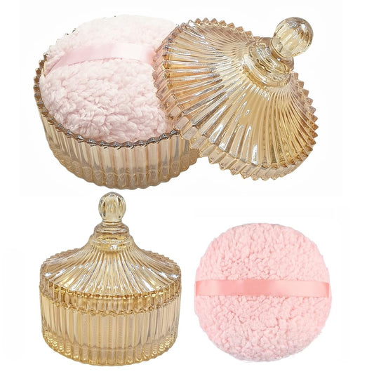 Extra Large Body Powder Puff and Container - Vintage Glass Dusting Powder Container with Soft Puff for Women & Girls (5.9x5.9x5.9 IN)-GRB010-Amber