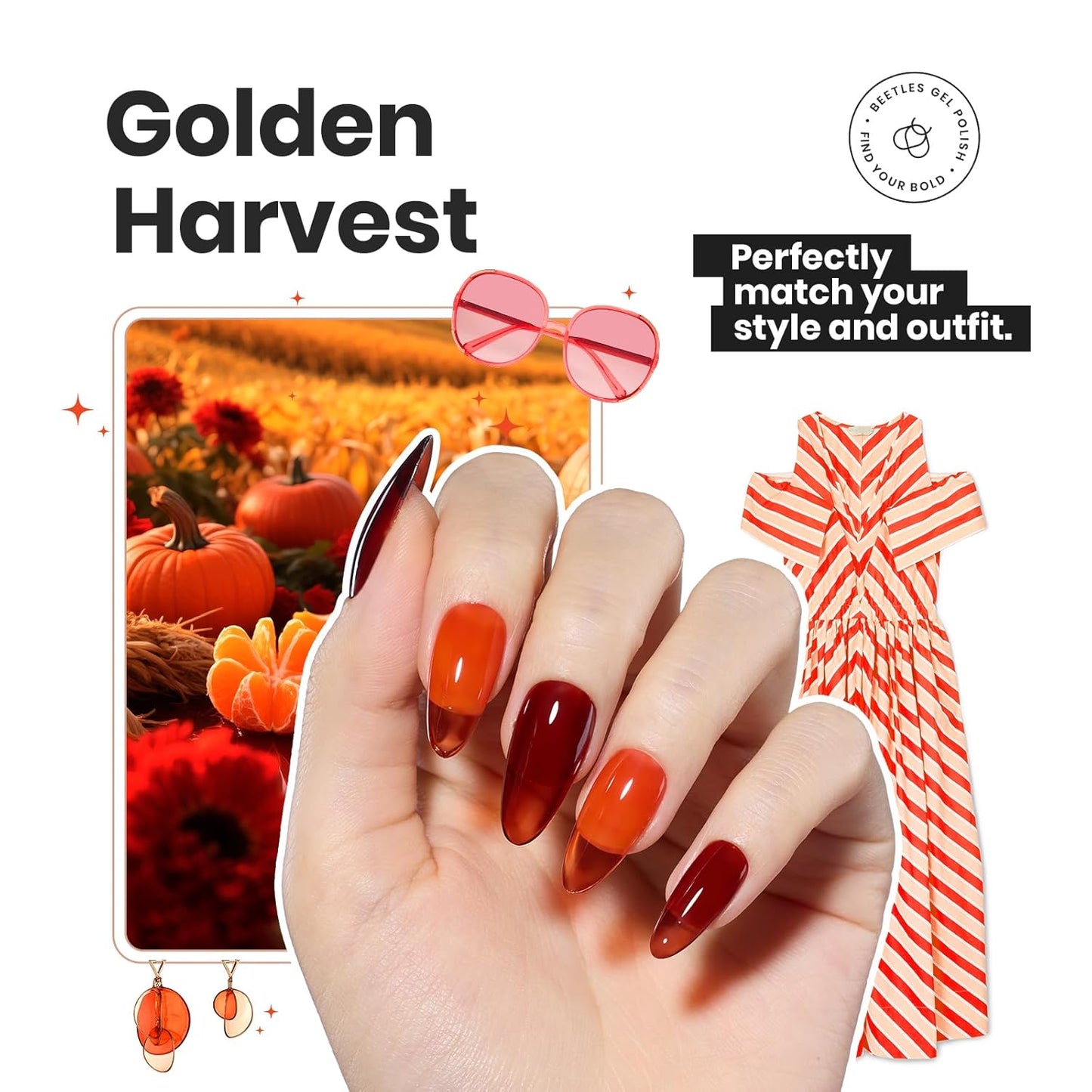 Beetles Fall Nail Polish Set - Golden Harvest 6 Colors Quick Drying Long-Lasting Burgundy Red Orange Jelly Glitter Nail Polish for DIY At-Home Manicure Gift for Women